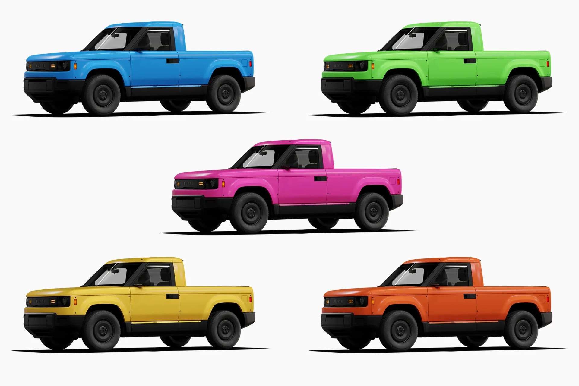Five electric pickup trucks in blue, green, pink, yellow, and orange colors shown from the side on a white background.