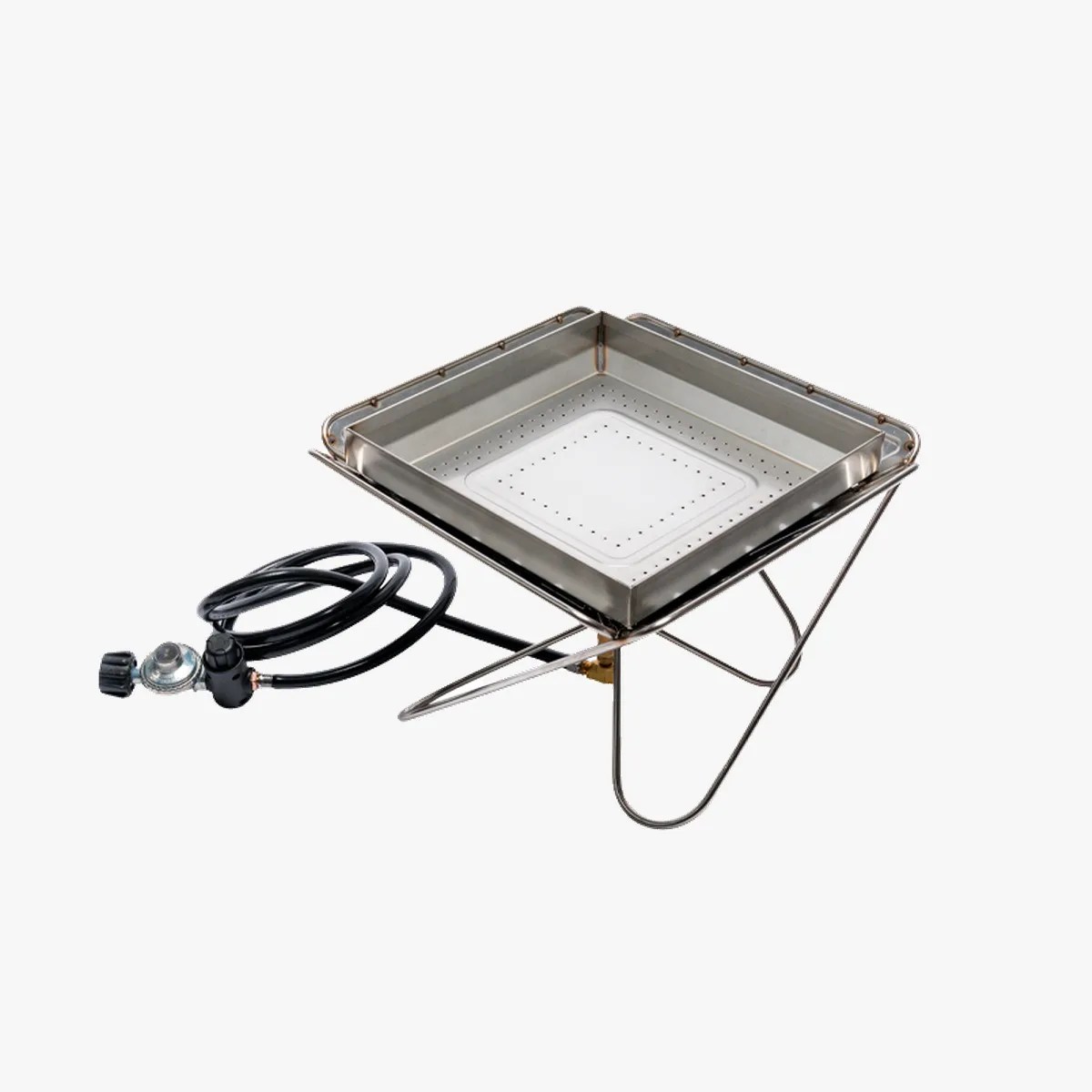Square stainless steel portable gas stove with a black hose and regulator attached.