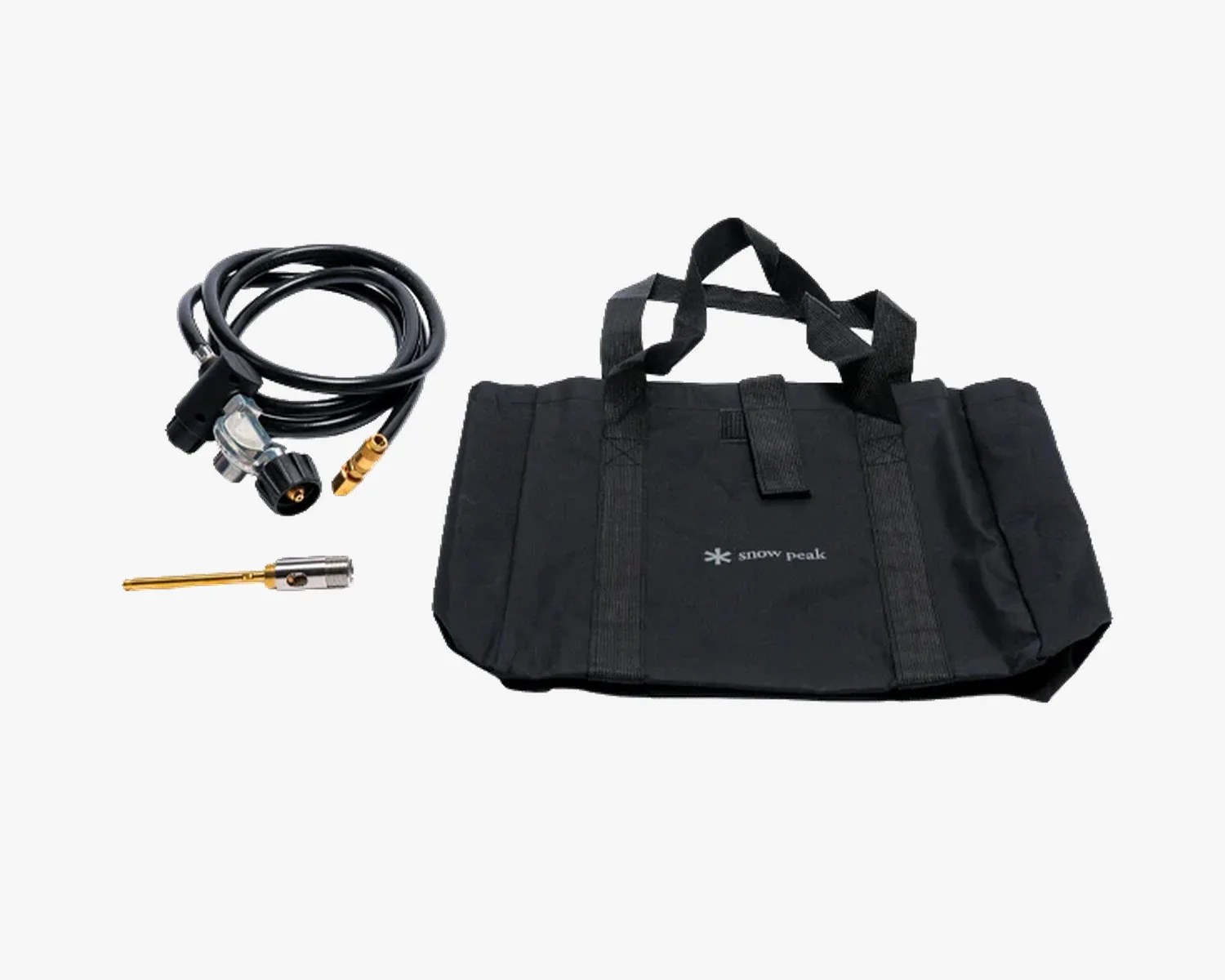 Black Snow Peak branded carrying bag with black hose and brass gas fittings on a white background.