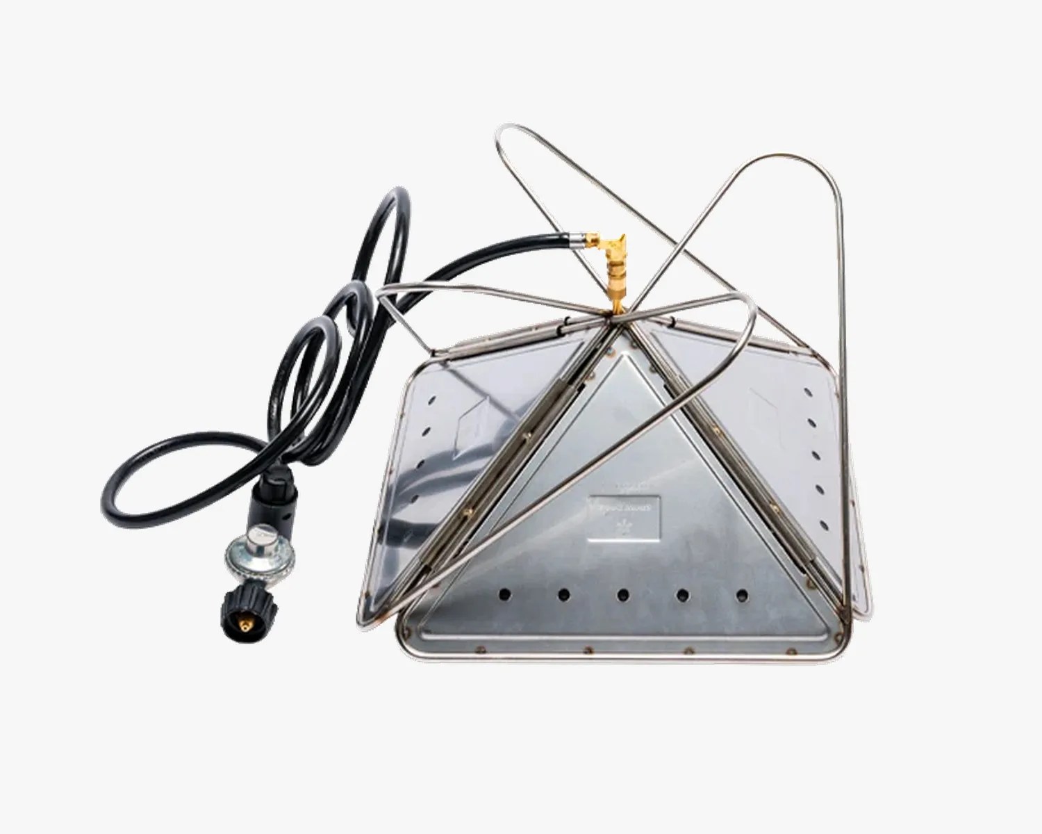 Triangular stainless steel portable camping stove with attached black gas hose and regulator.
