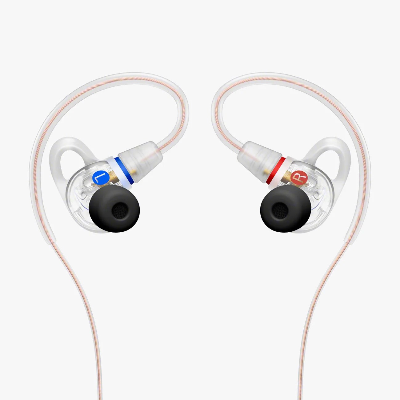 Clear wired in-ear monitors with black ear tips and red and blue left and right indicators.