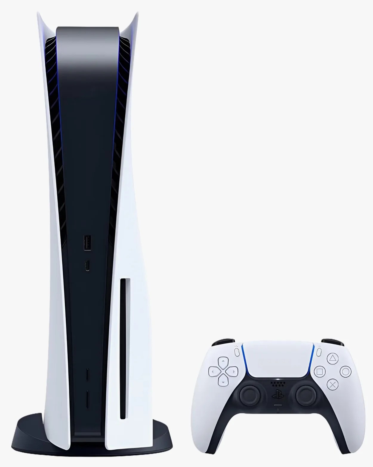 White and black PlayStation 5 console standing vertically next to a matching DualSense controller.
