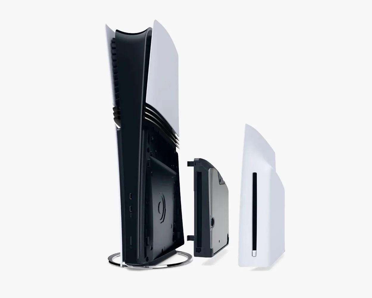 PlayStation 5 console with its side panel removed and a separate disc drive unit shown beside it.