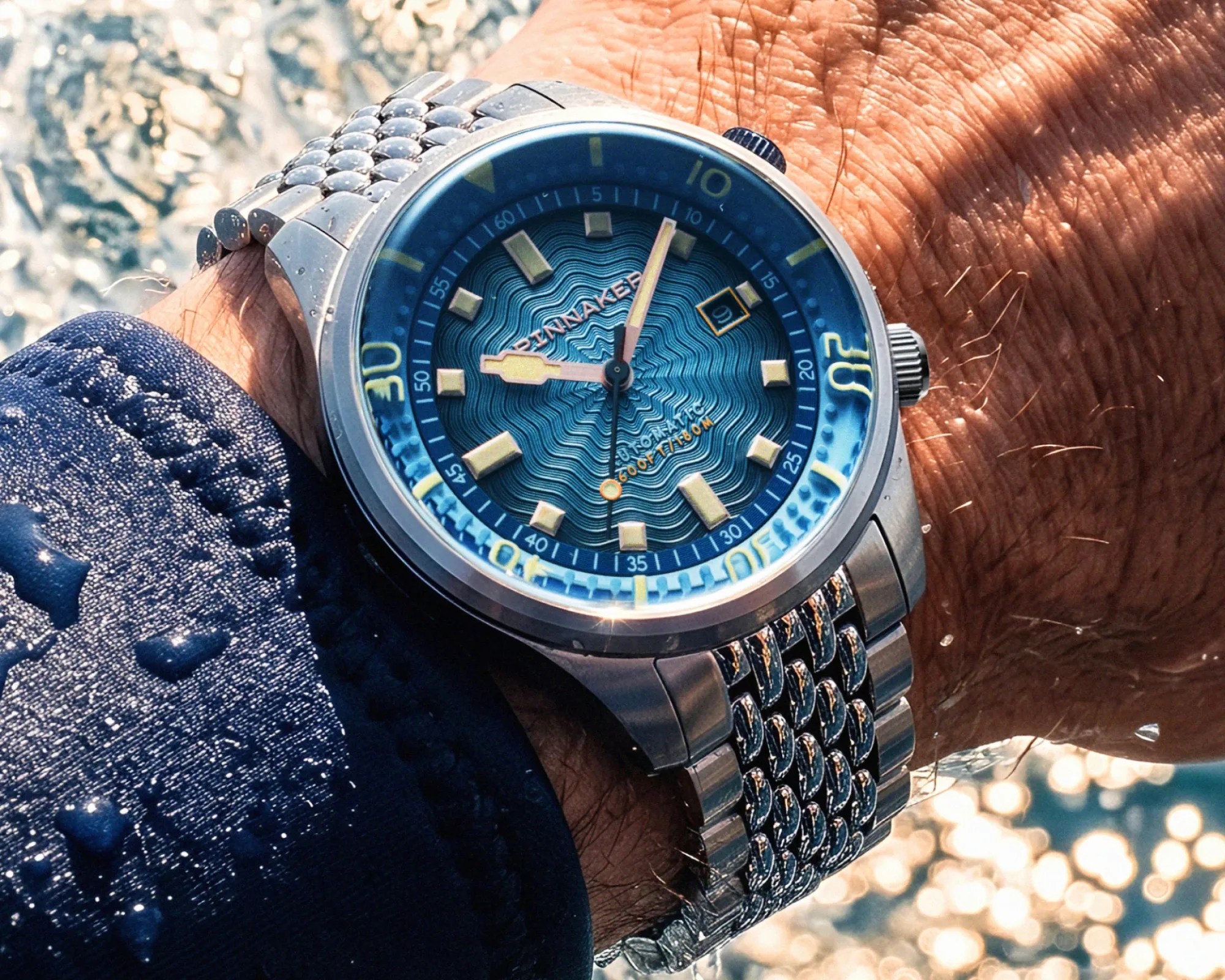 Silver metal wristwatch with a blue textured dial and yellow markers worn on a wrist near water.