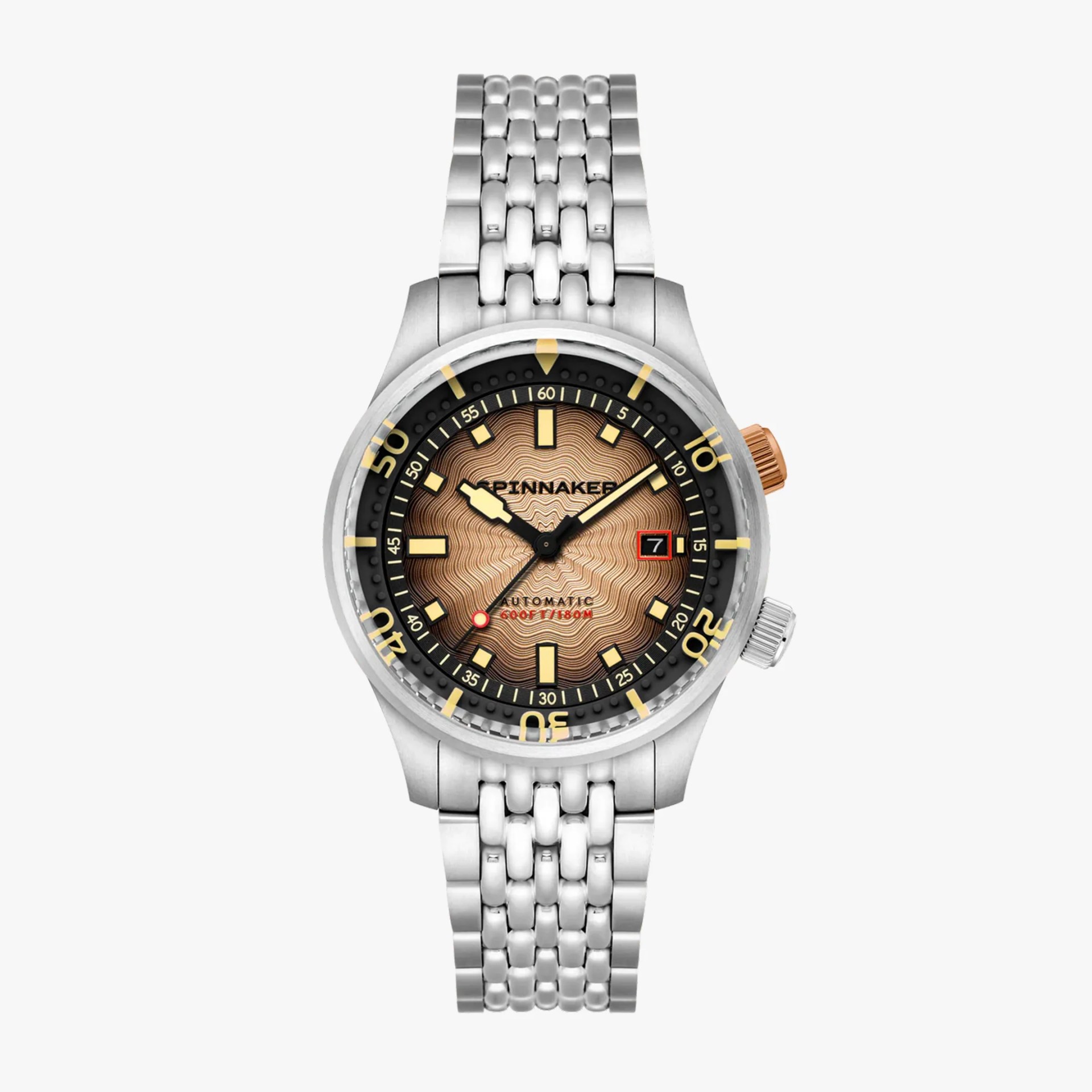 Silver metal link bracelet watch with a textured bronze dial and black bezel marked with yellow numerals.