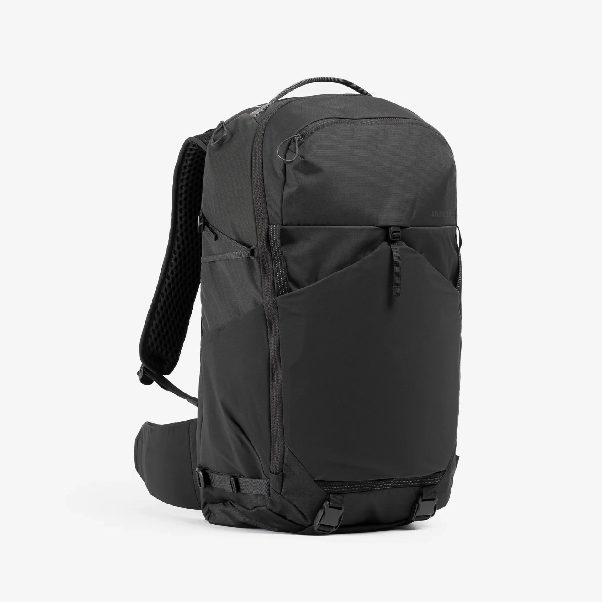 Black technical backpack with padded mesh shoulder straps and multiple zippered compartments.