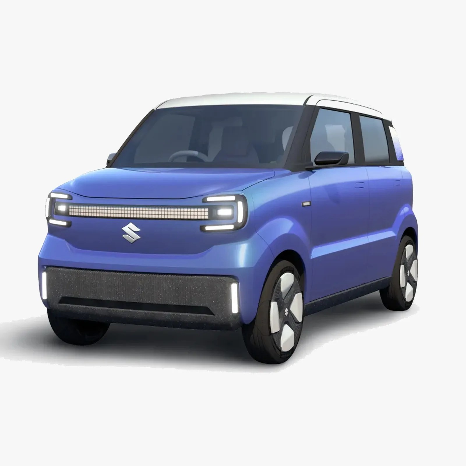Blue compact Suzuki car with white roof and illuminated front grille and headlights.