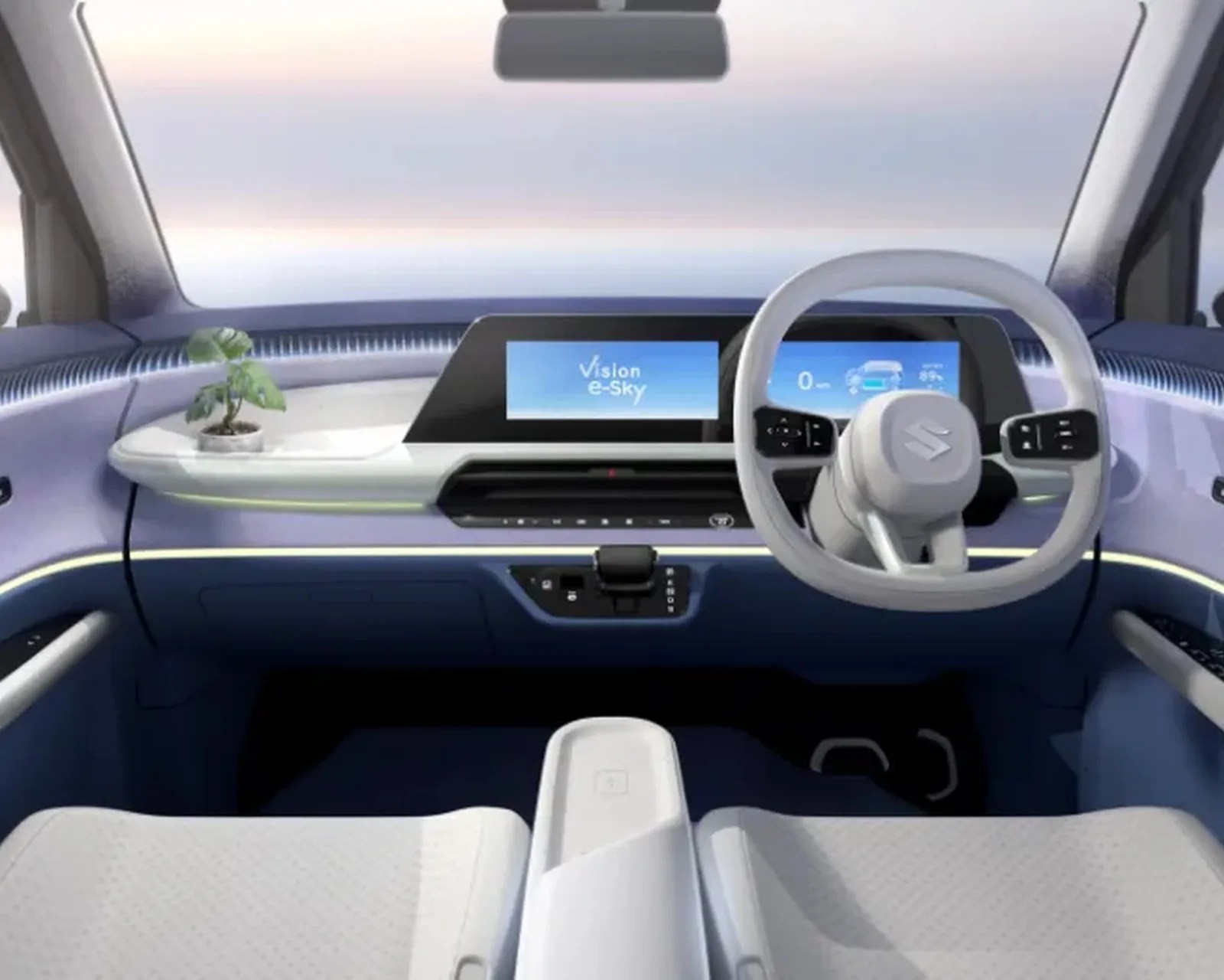 Minimalist car interior with white steering wheel, dual digital displays, and a small potted plant on the dashboard.