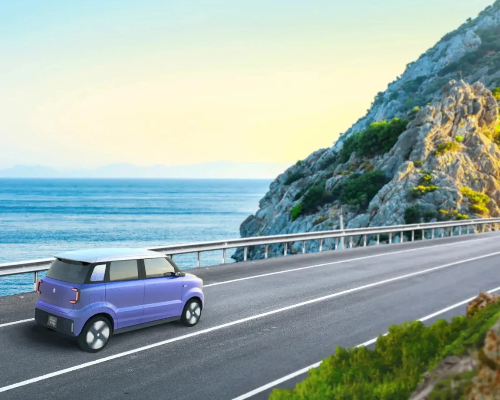 Purple compact electric car with black roof driving on coastal highway beside rocky cliffs and ocean.