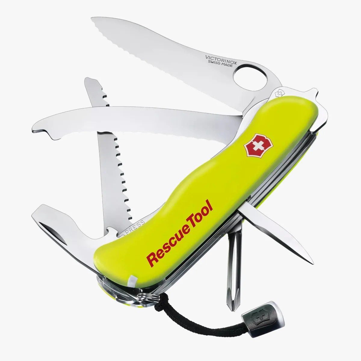 Yellow Victorinox RescueTool Swiss Army knife with multiple open blades and tools, including a serrated knife and screwdriver.
