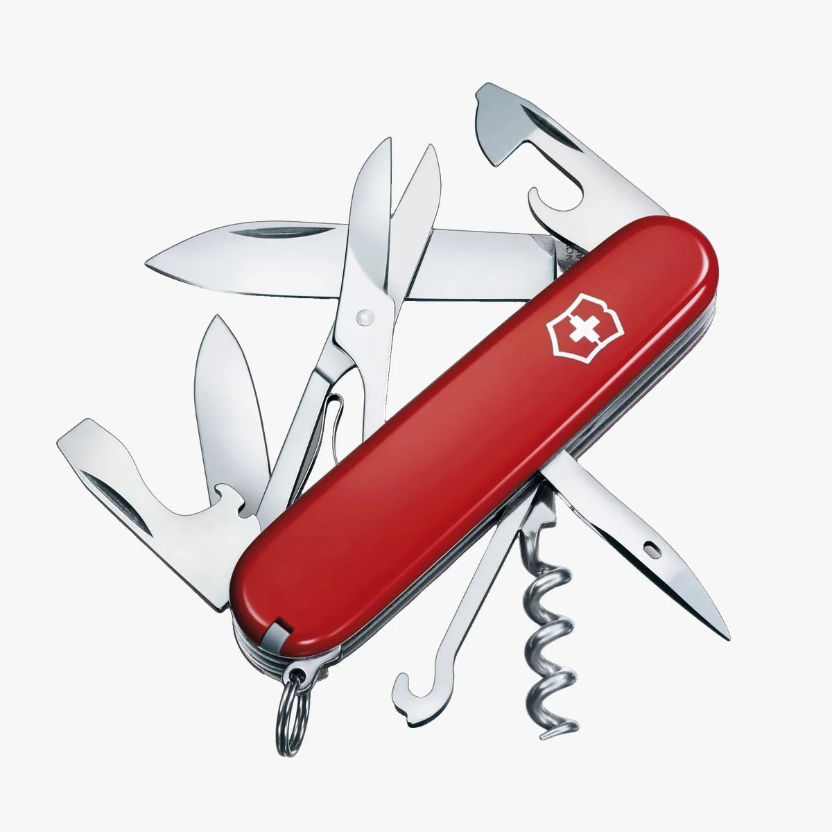Red Swiss Army knife with multiple stainless steel tools extended, including blades, scissors, corkscrew, and bottle opener.