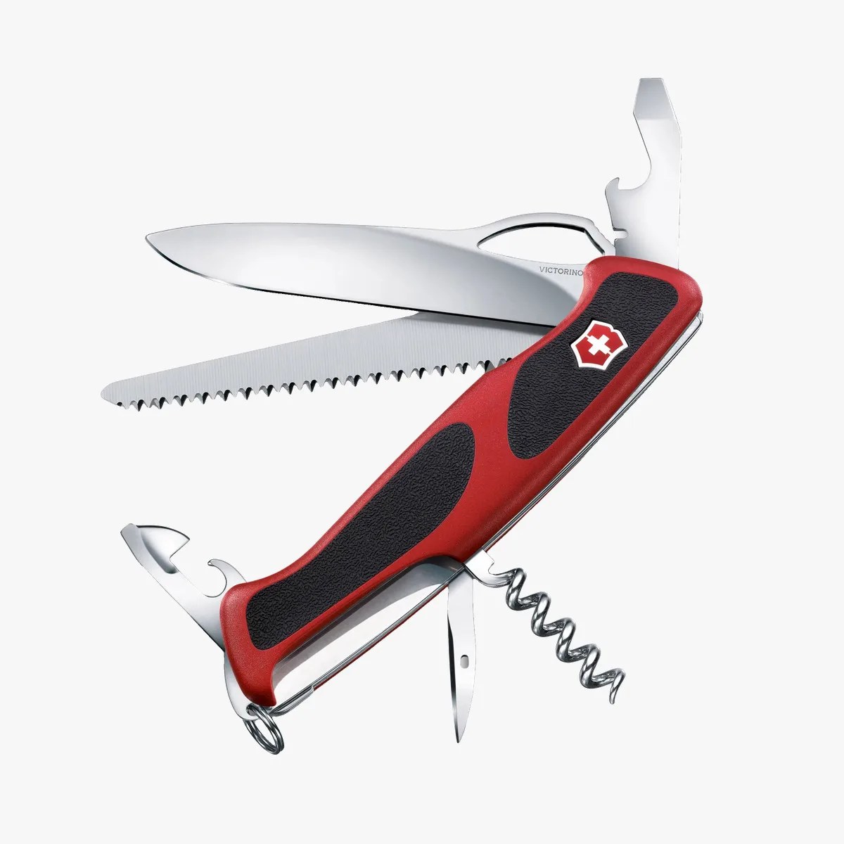 Red and black Victorinox Swiss Army knife with multiple tools extended, including a large blade, saw, corkscrew, and bottle opener.