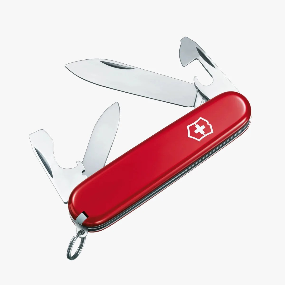 Red Swiss Army knife with multiple stainless steel tools extended, including blades and a bottle opener.