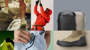 Collage of six images showing outdoor gear: white Arc'teryx shoes on rocky terrain, person in red climbing jacket with harness, black and beige backpacks, neon yellow shoe, hand packing light jacket, and beige Konseal hiking boot.