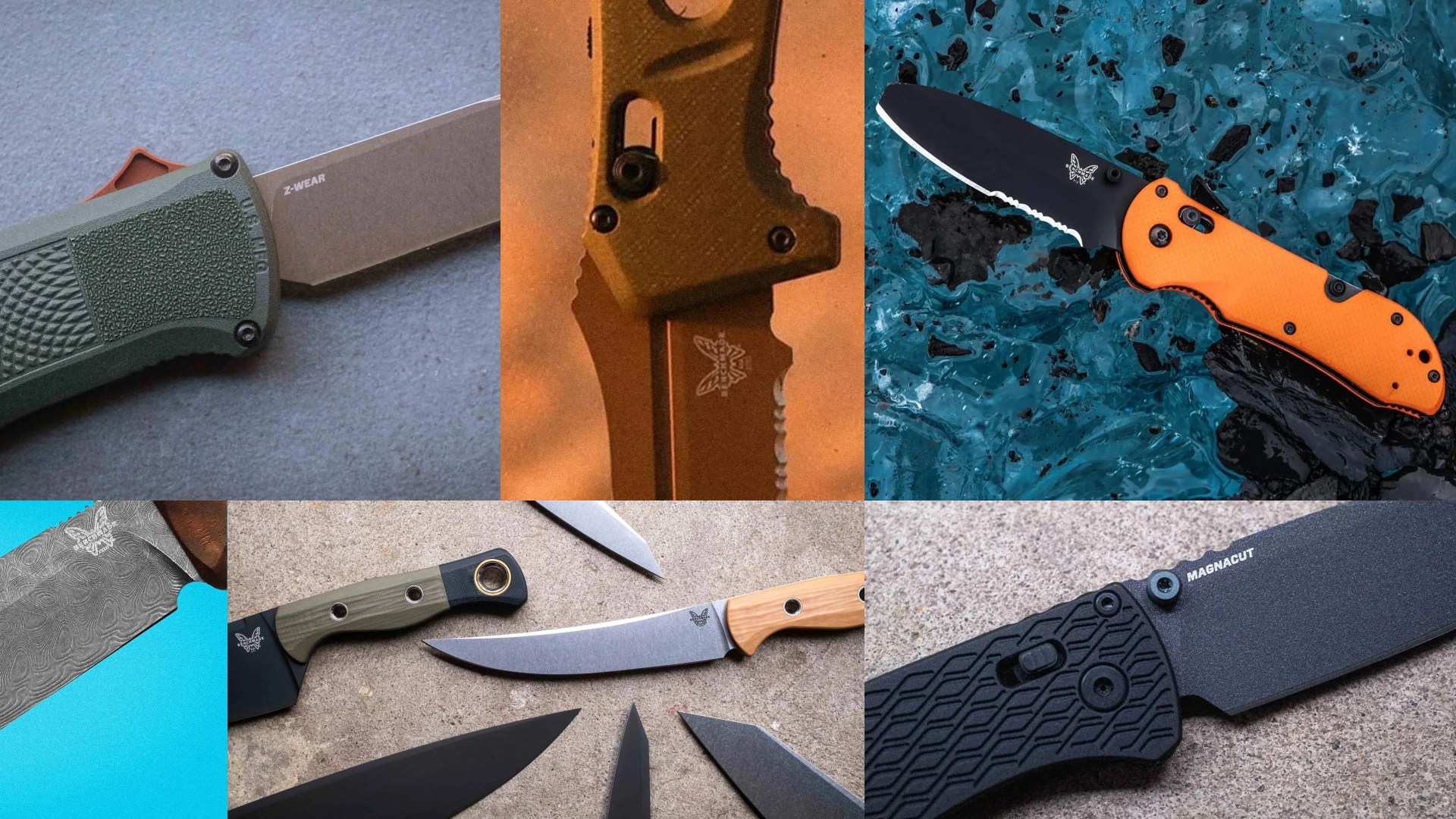 Collage of various Benchmade knives showing different blade styles, handle colors, and textures on diverse backgrounds.