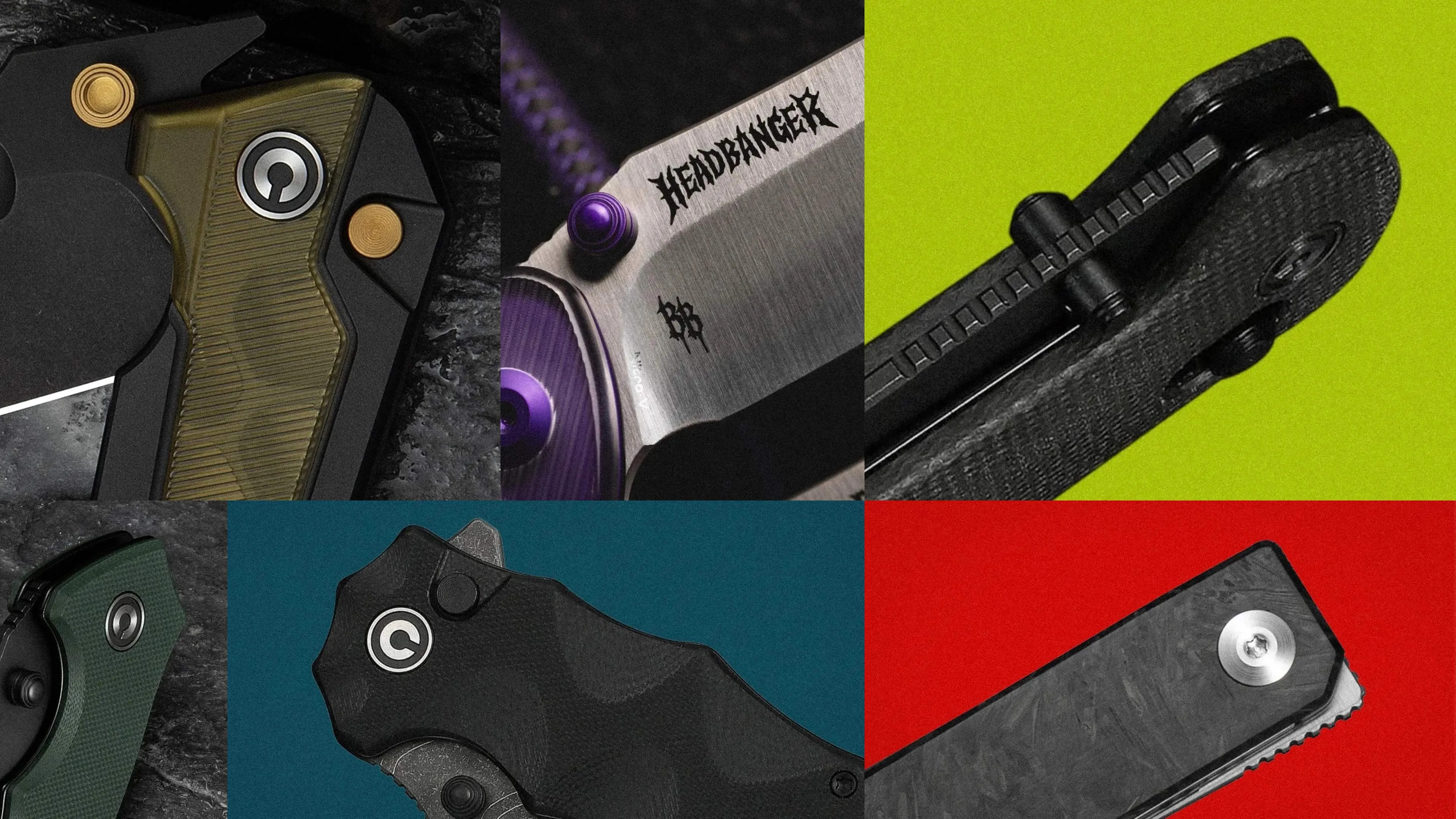 Collage of close-up shots of folding knives with textured handles in green, black, and gold, featuring various screws and blade details.