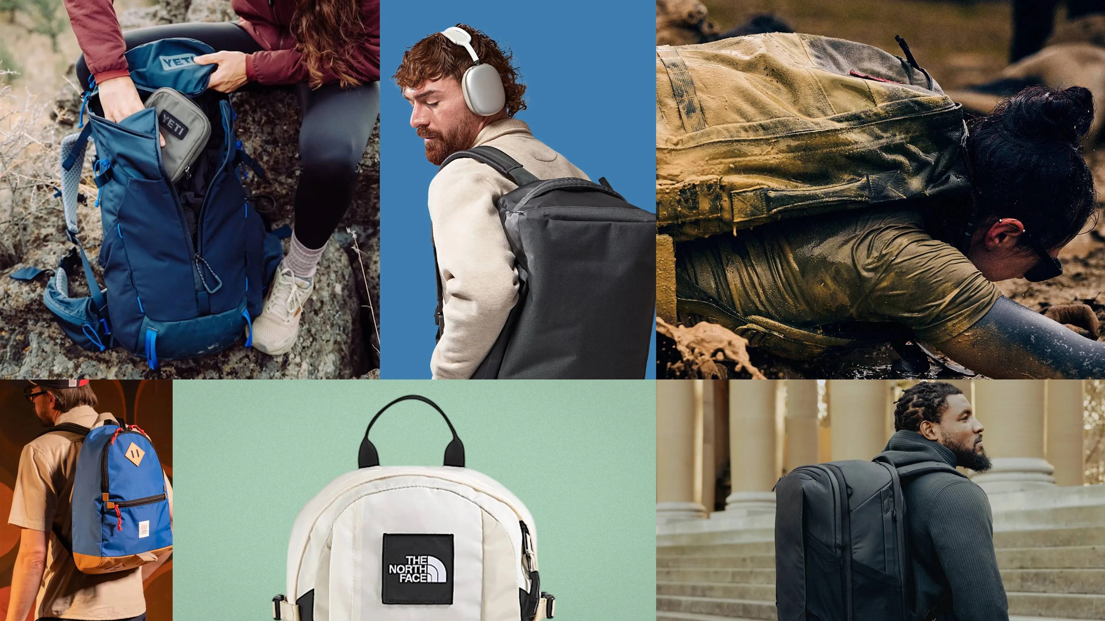 Collage of six images showing various backpacks: top left blue Yeti backpack being packed outdoors, top center black backpack worn by a man with headphones, top right muddy backpack worn by a person crawling, bottom left blue and brown backpack worn by a person, bottom center white The North Face backpack against a green background, bottom right black backpack worn by a man near steps.