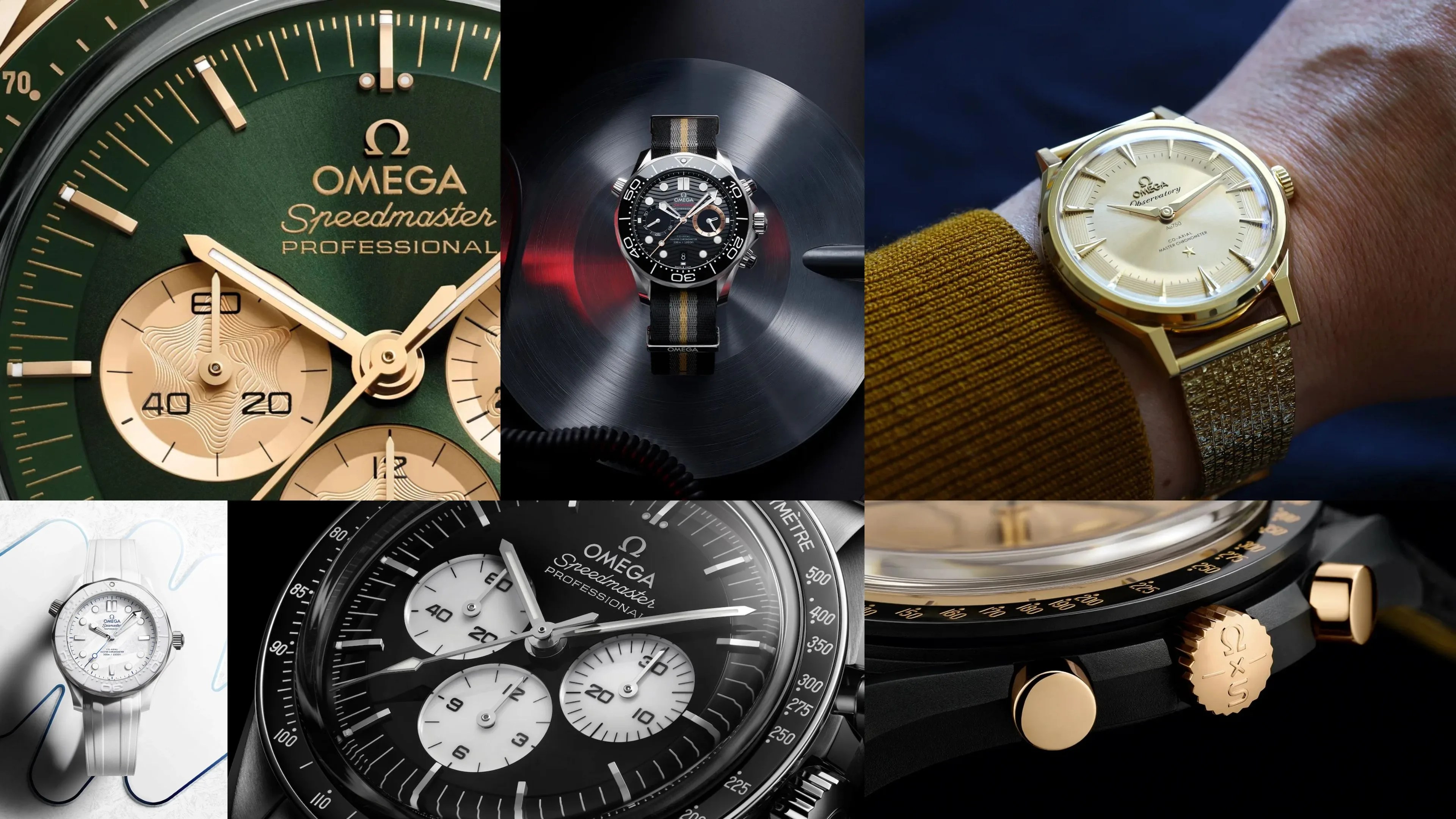 Collage of six Omega watches featuring close-ups of dials, bezels, and a wrist shot with various designs and colors.