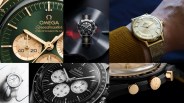 Collage of six Omega watches featuring close-ups of dials, bezels, and a wrist shot with various designs and colors.