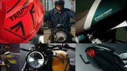 Collage of six images featuring Triumph motorcycles, including close-ups of logos on red and yellow tanks, a rider in a denim jacket on a bike, a green Speed Twin 1200 badge, a front headlight with the Triumph logo, and a rear view with a red taillight.