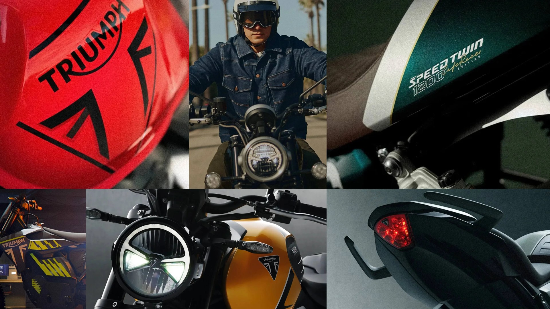 Collage of six images featuring Triumph motorcycles, including close-ups of logos on red and yellow tanks, a rider in a denim jacket on a bike, a green Speed Twin 1200 badge, a front headlight with the Triumph logo, and a rear view with a red taillight.
