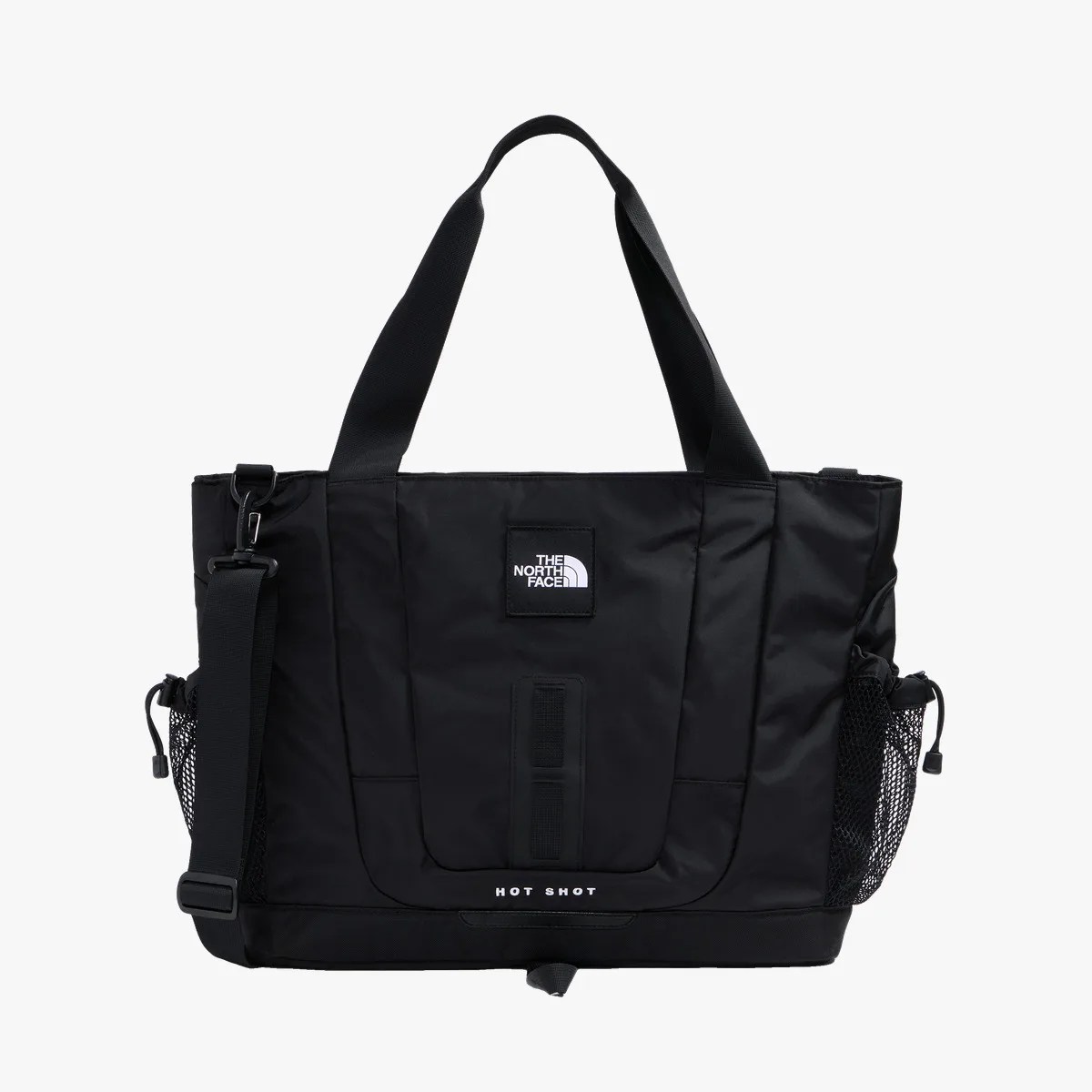 Black The North Face tote bag with dual handles, adjustable shoulder strap, mesh side pockets, and "HOT SHOT" text.