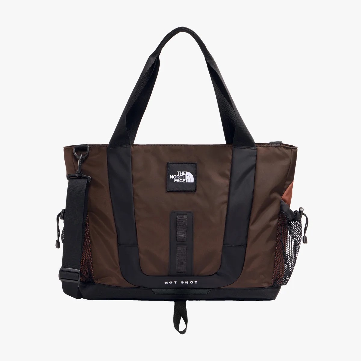 Brown and black The North Face tote bag with dual handles, side mesh pockets, and adjustable shoulder strap.