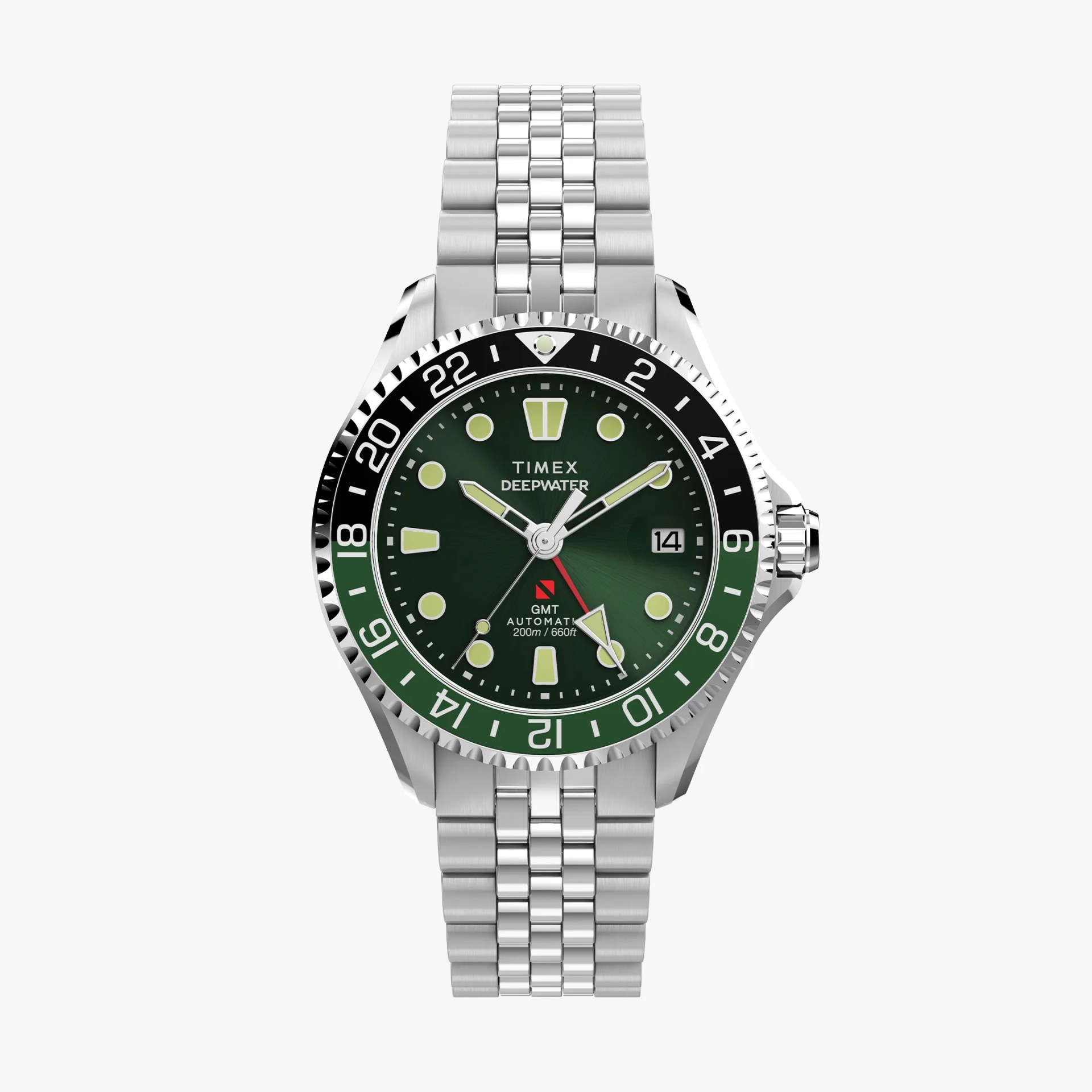 Stainless steel Timex Deepwater GMT watch with green dial, black and green bezel, and date display.