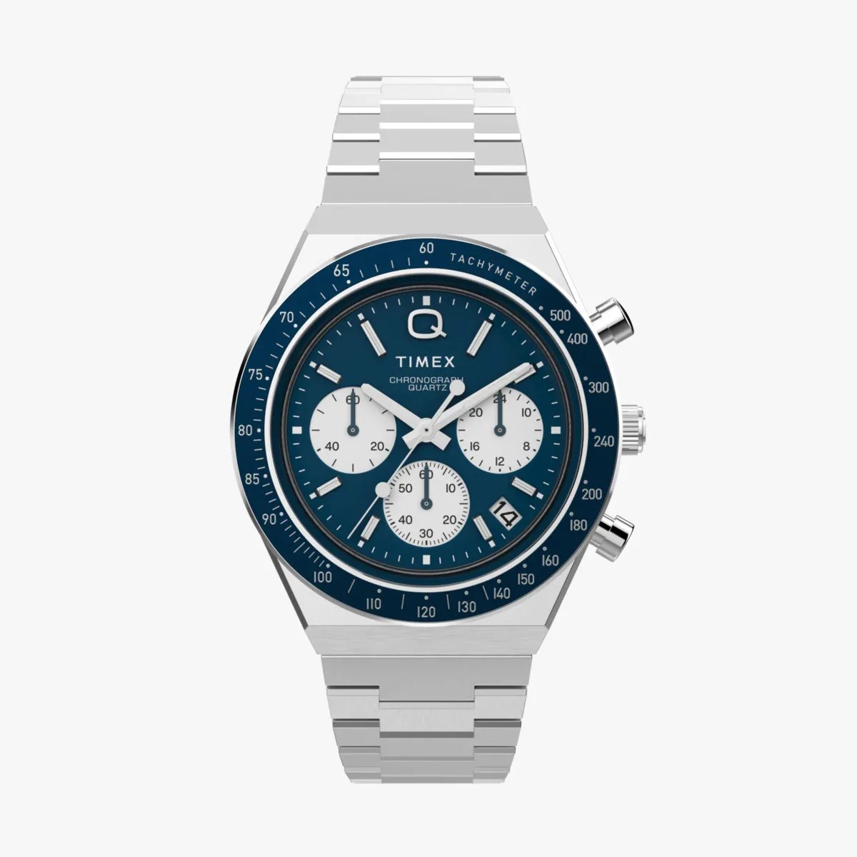 Silver stainless steel Timex chronograph watch with blue dial and three white subdials.