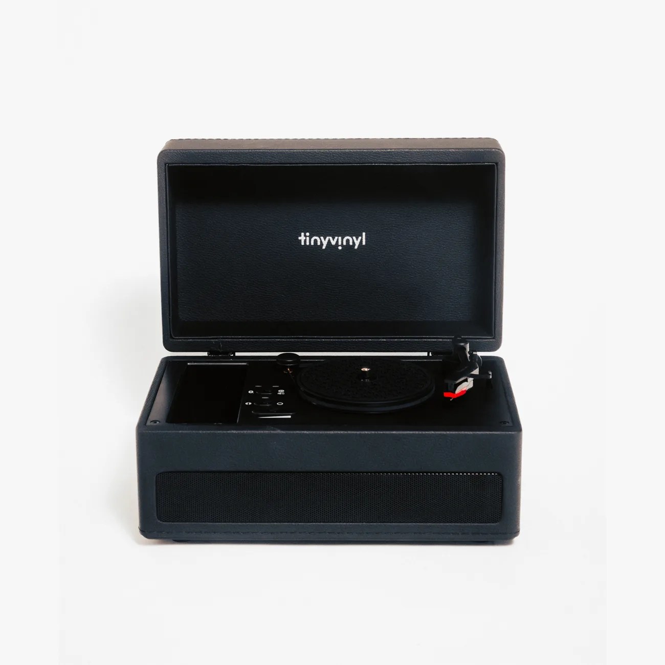 Black portable turntable with lid open showing tonearm and controls, labeled "tinyvinyl" inside the lid.