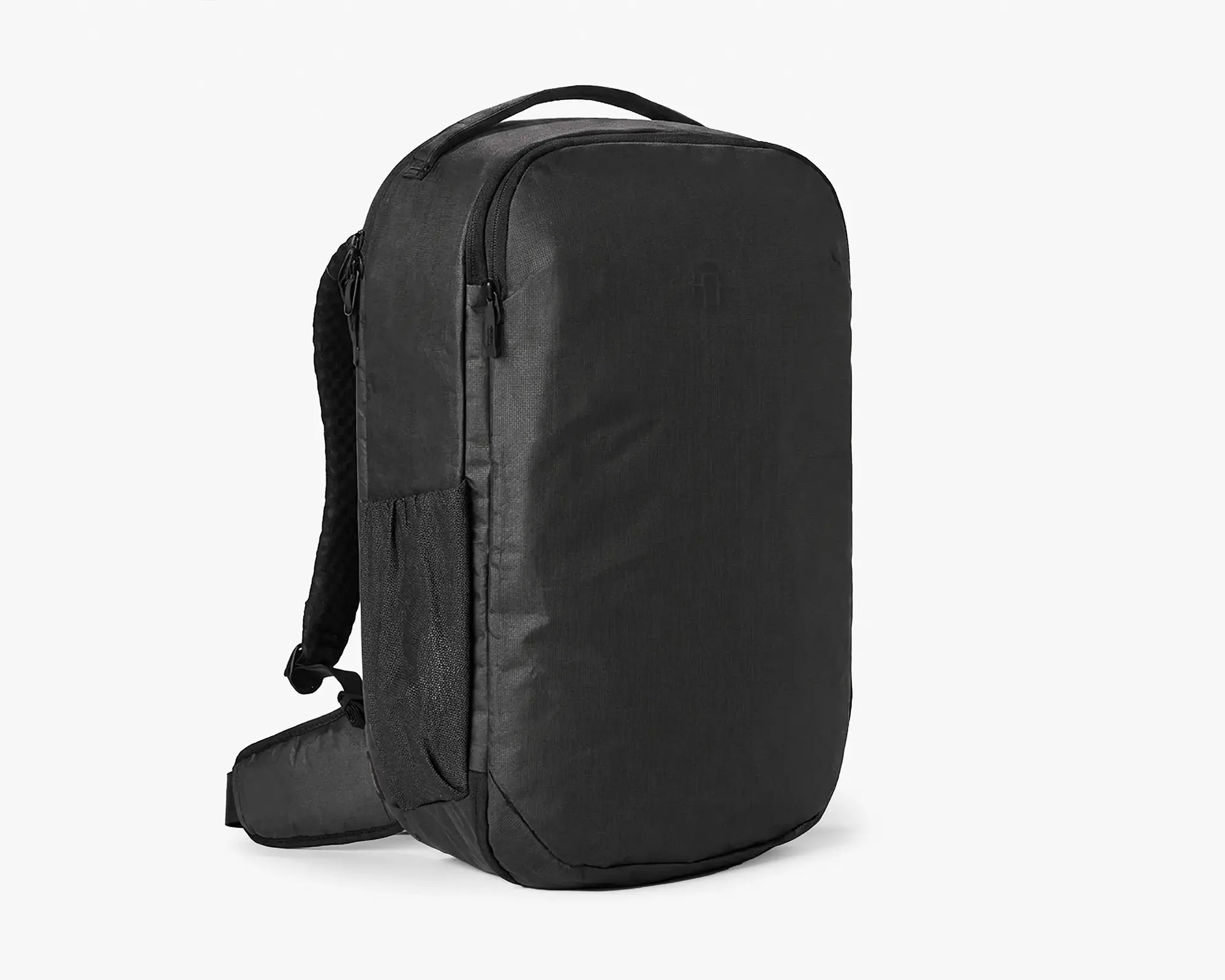 Black rectangular backpack with padded straps and multiple zippered compartments.