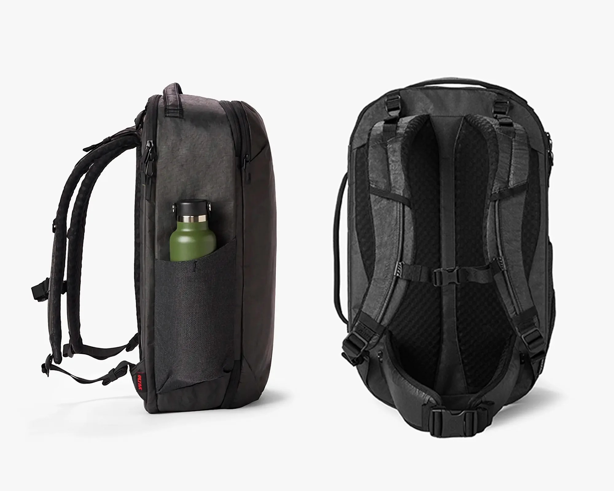 Black backpack shown from side with green water bottle in mesh pocket and back with padded straps and chest buckle.