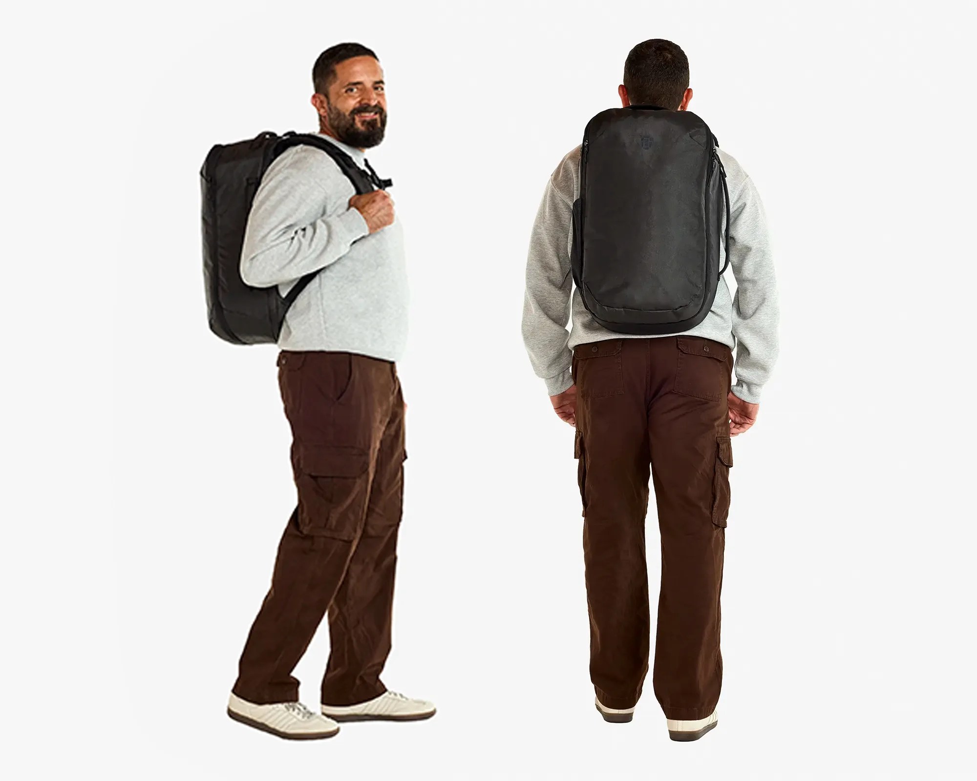 Man wearing a large black backpack, shown from side and back views, dressed in gray sweatshirt and brown pants.