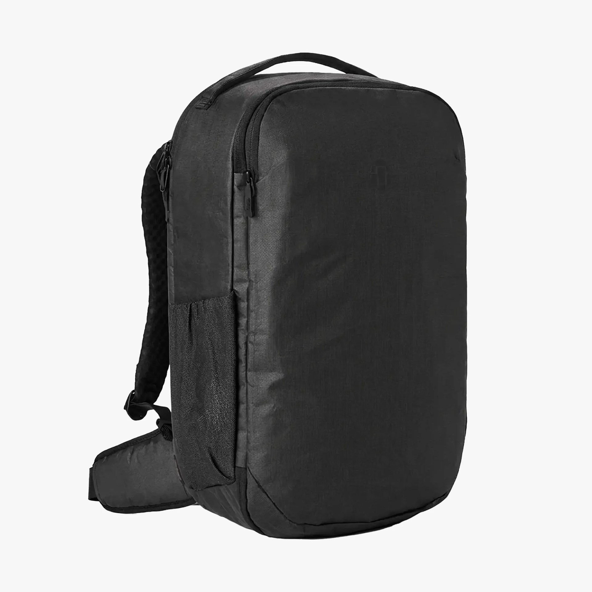 Black rectangular backpack with front zippered pocket, side mesh pocket, padded straps, and top handle.