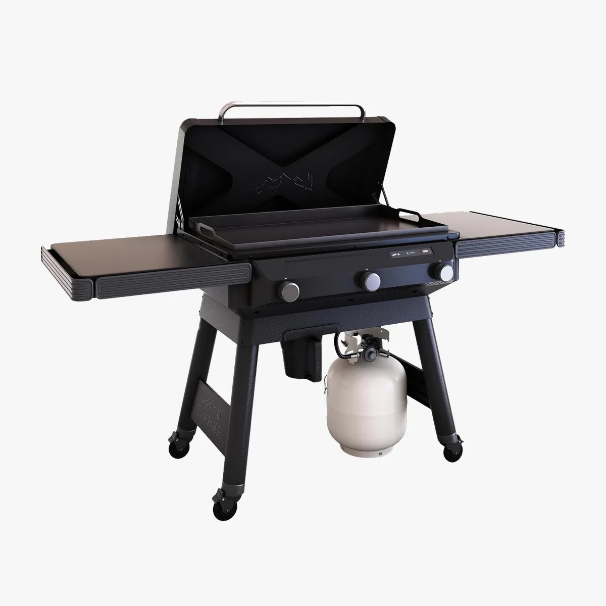 Black propane gas grill with three control knobs, side shelves, and a white propane tank underneath.