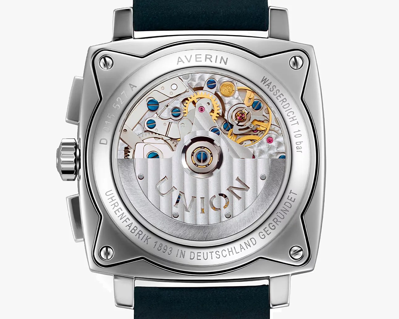 Back view of a square stainless steel wristwatch with visible mechanical movement and "UNION" engraved on the rotor.