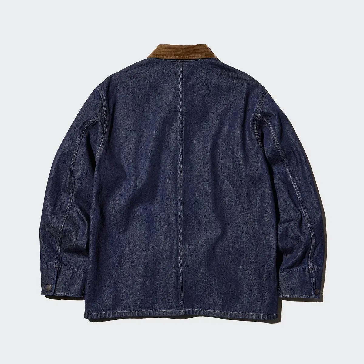 Dark blue denim jacket with brown corduroy collar shown from the back on a white background.