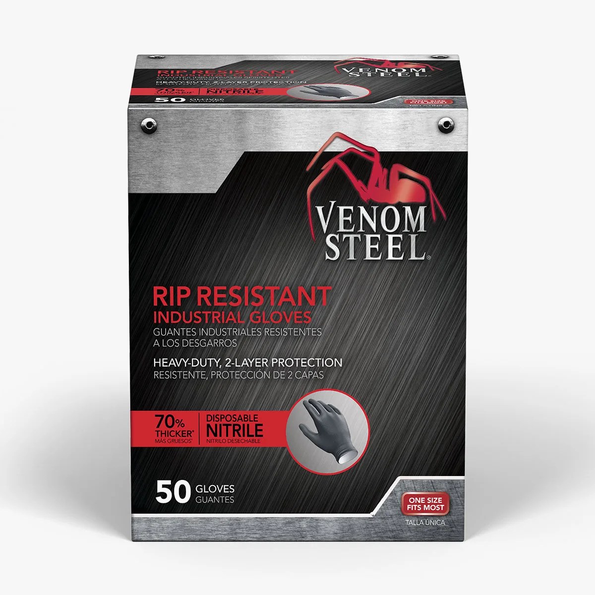 Box of Venom Steel rip-resistant industrial disposable nitrile gloves, 50 count, black gloves shown.
