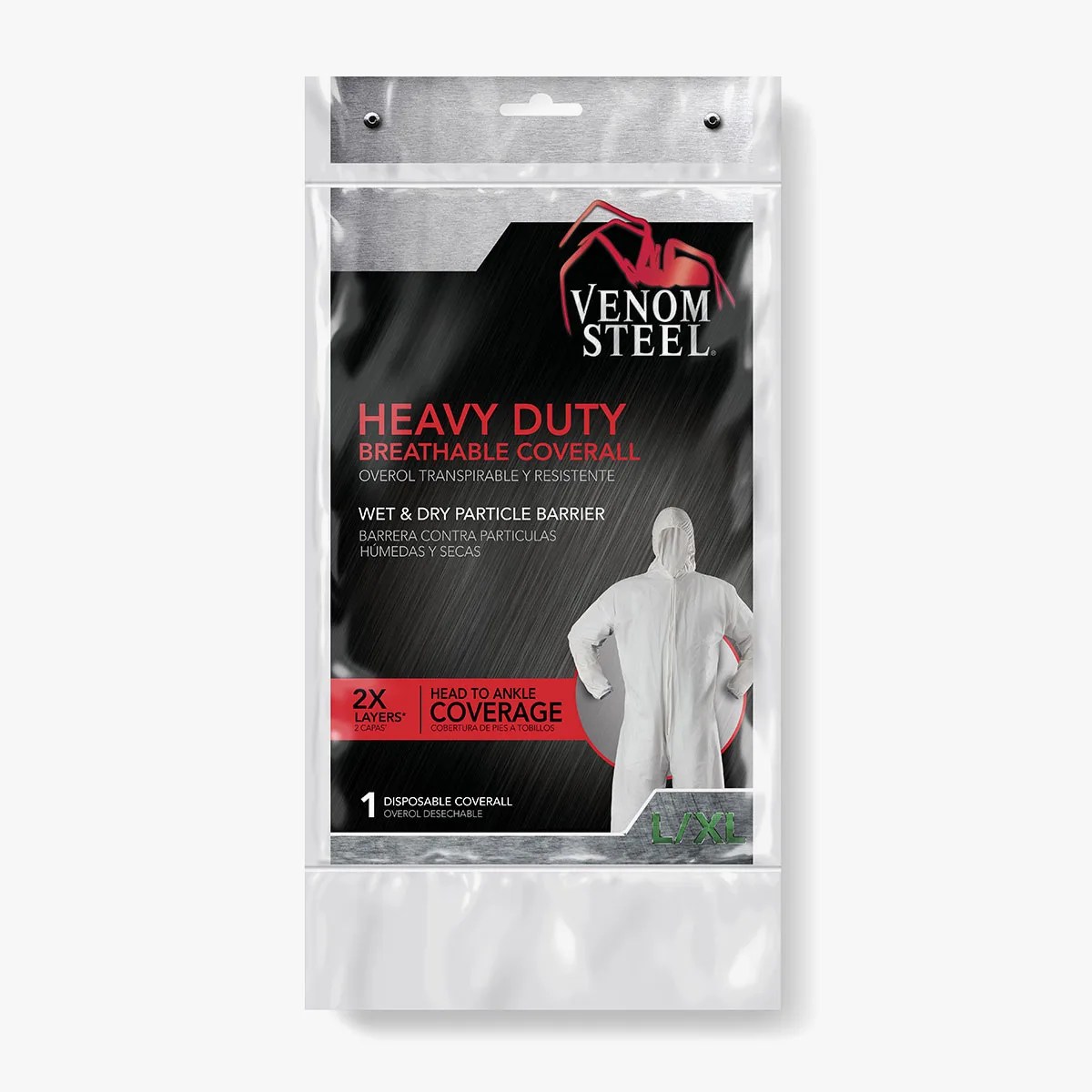 Packaging of Venom Steel heavy duty breathable disposable coverall with hood, shown in white, size L/XL.