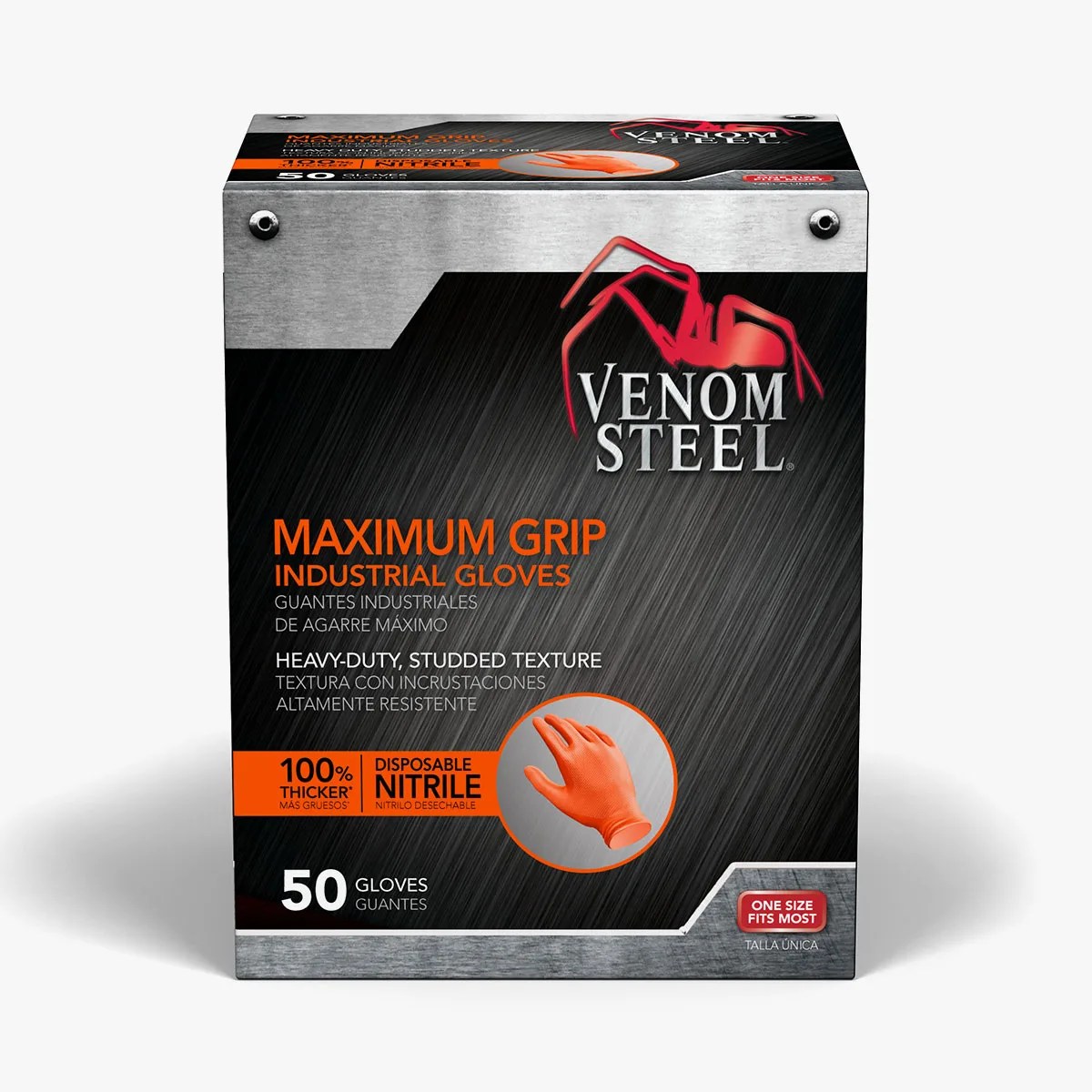 Box of Venom Steel Maximum Grip disposable nitrile industrial gloves, black and orange design, 50 gloves.