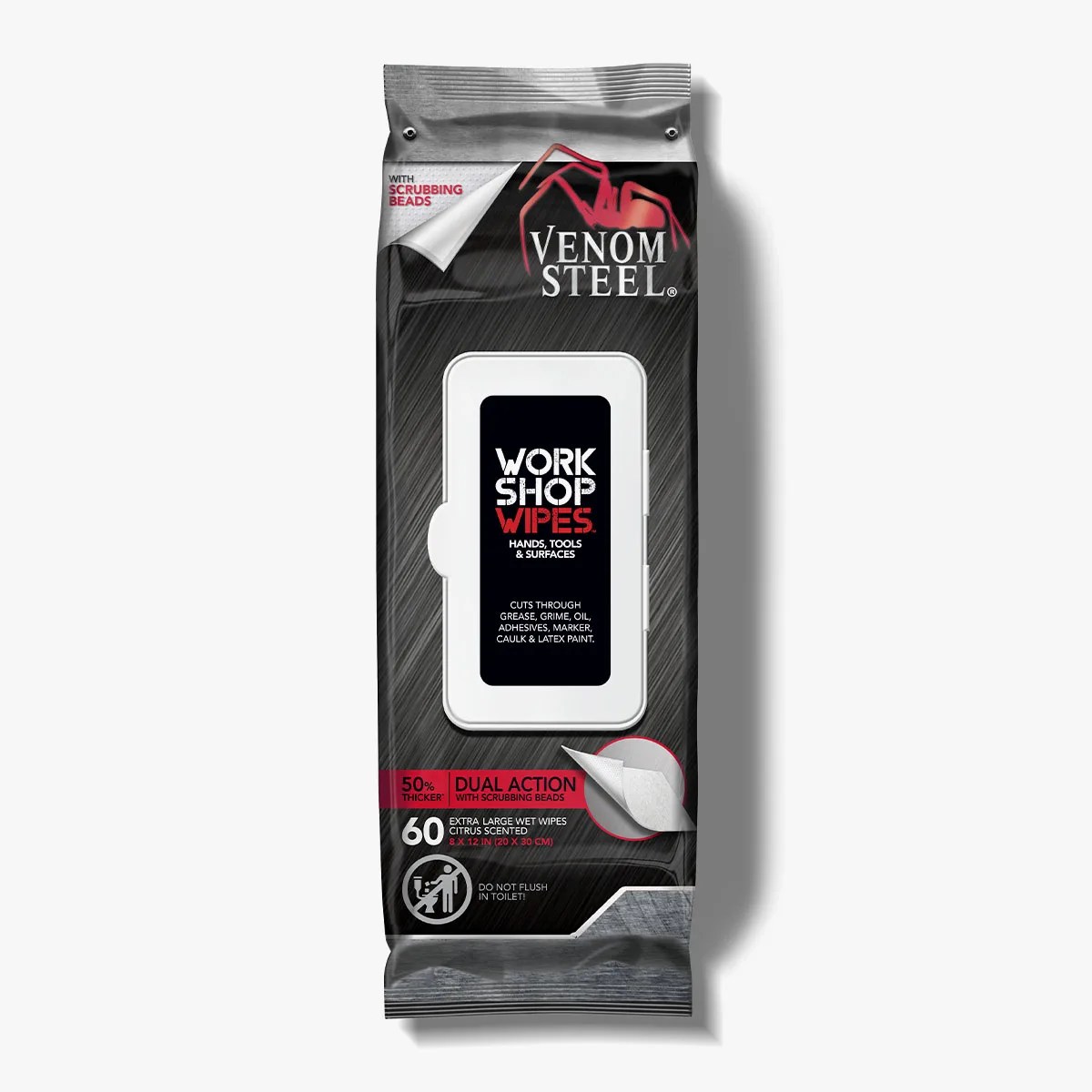 Black and gray package of Venom Steel Workshop Wipes with white flip-top lid and red accents.