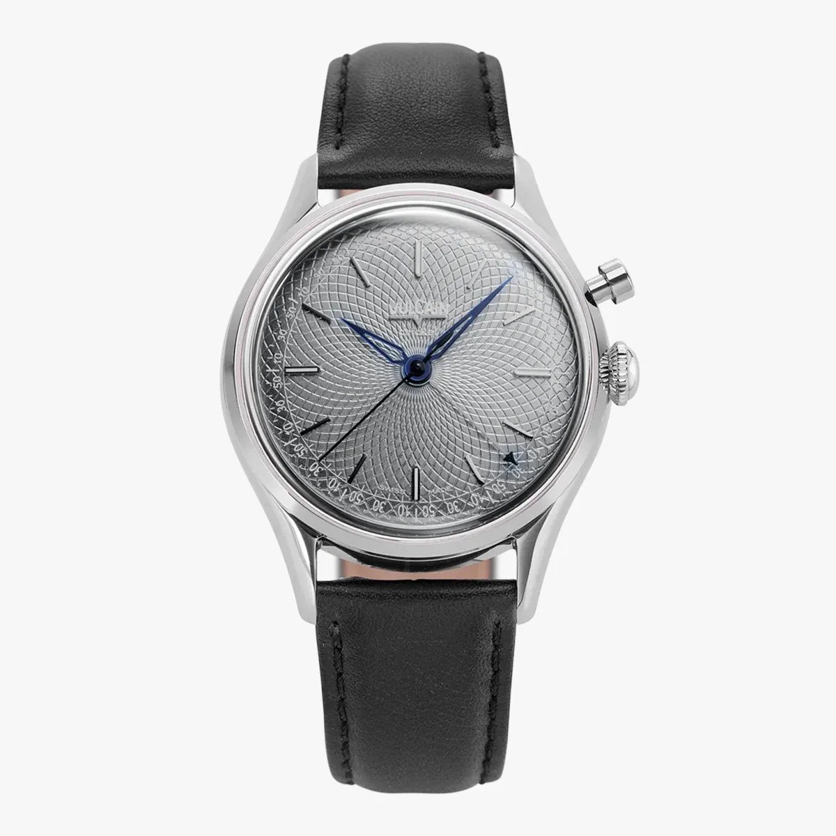Silver wristwatch with intricate spiral-patterned dial, blue hands, and black leather strap.