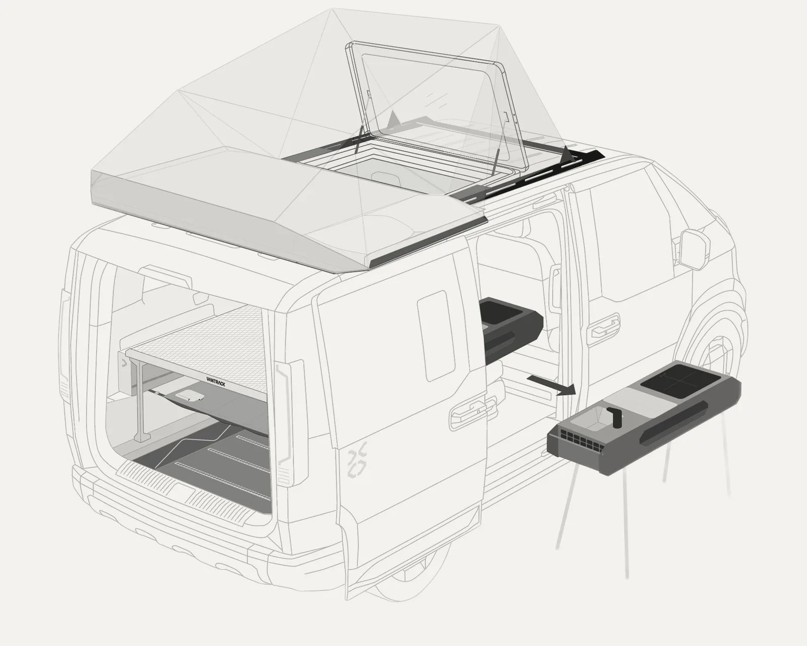 Diagram of a van with an open rear door, a pop-up roof hatch, and a slide-out kitchen unit extending from the side door.