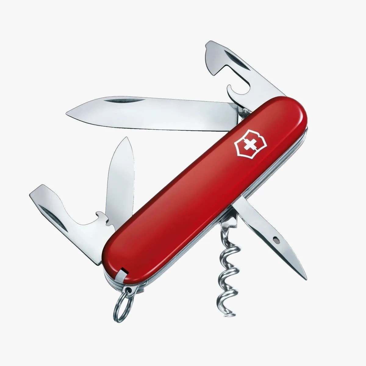 Red Swiss Army knife with multiple open tools including blades, corkscrew, and bottle opener.