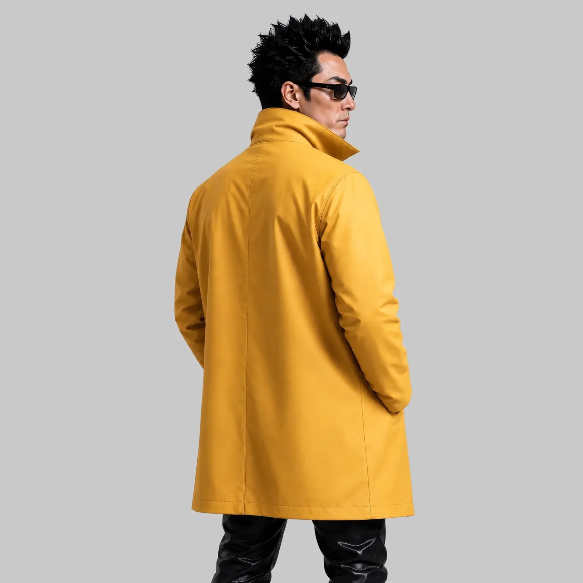 Man wearing a mustard yellow coat with popped collar and black shiny pants against a gray background.