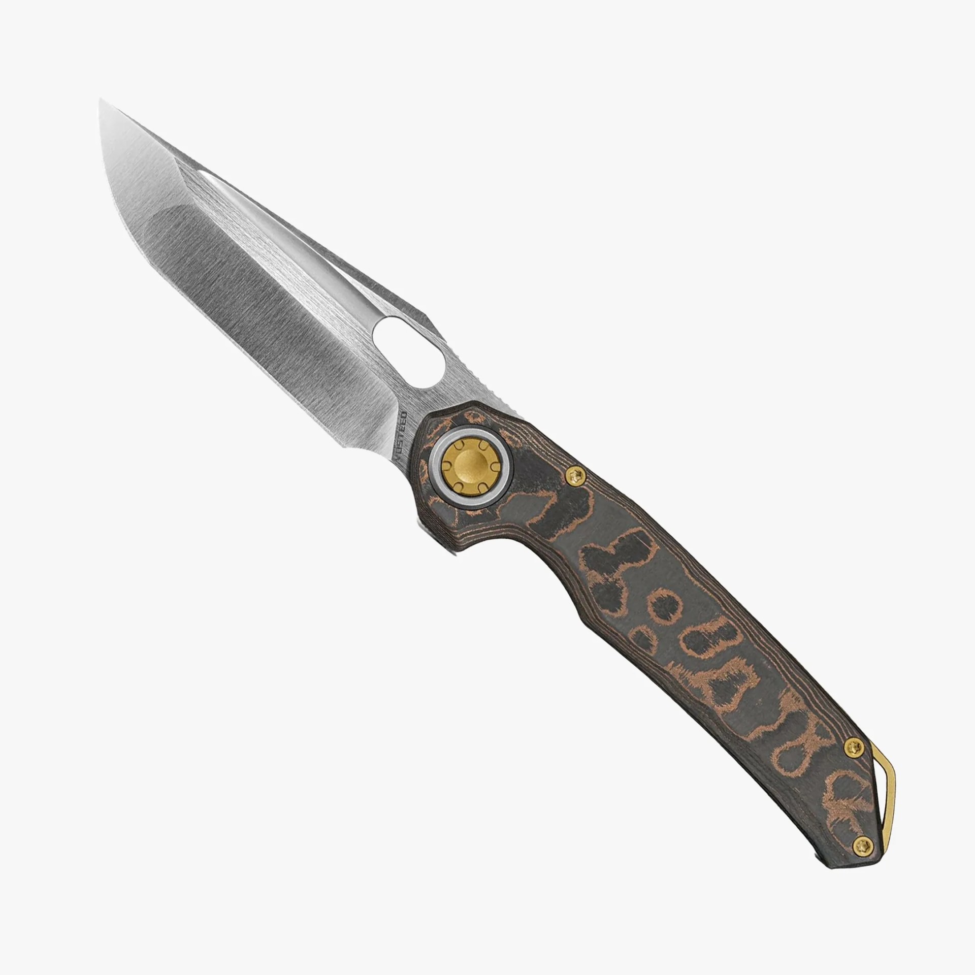 Folding knife with a silver blade and a dark handle featuring a textured, patterned design and brass accents.