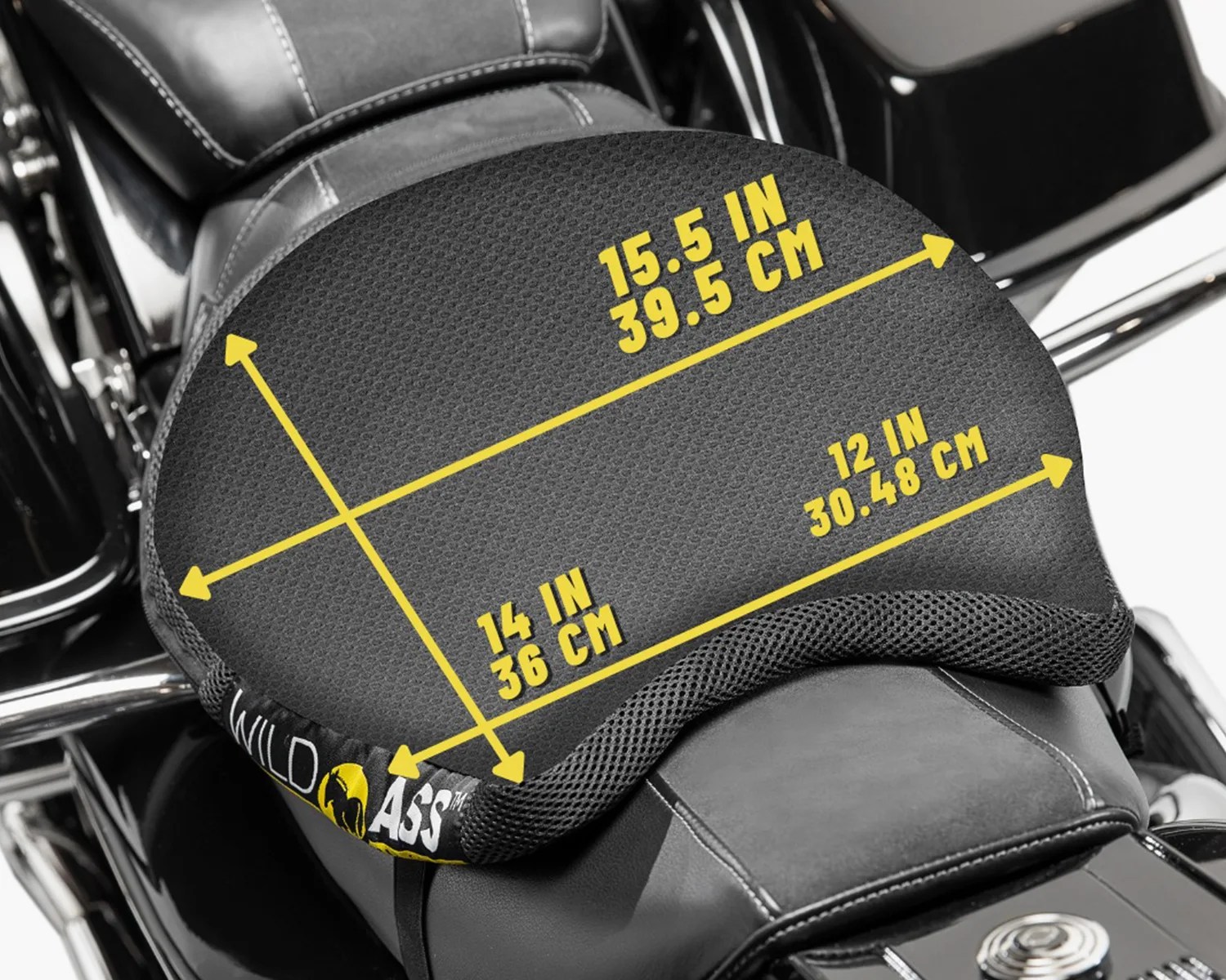 Black textured motorcycle seat cushion with yellow measurement lines showing 15.5 in by 14 in and 12 in dimensions.