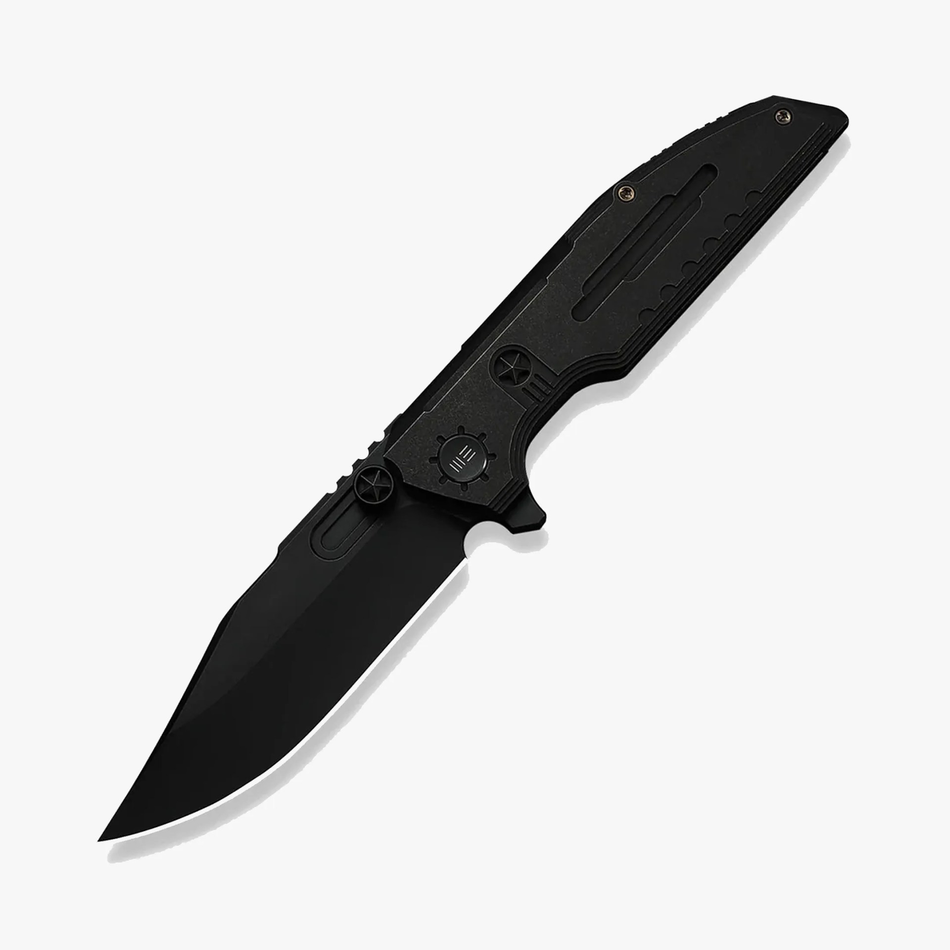 Black tactical folding knife with textured handle and partially serrated blade on a white background.