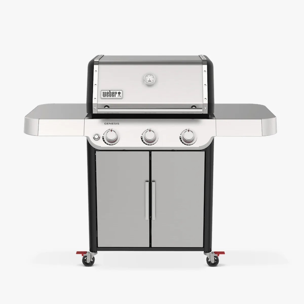 Stainless steel Weber Genesis gas grill with three control knobs, side shelves, and double-door storage cabinet on wheels.