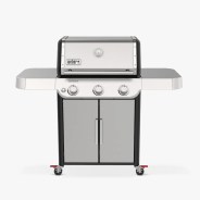 Stainless steel Weber Genesis gas grill with three control knobs, side shelves, and double-door storage cabinet on wheels.